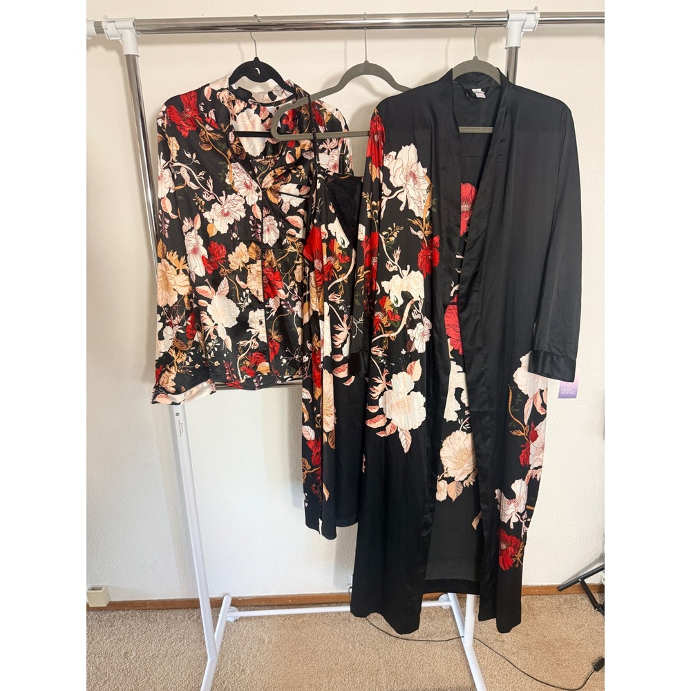 Stars Above Black Floral Satin Long Robe Nighty Shirt set NWT XL M/L Loungewear
